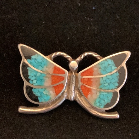 Silver Inlaid Mosaic Butterfly Turquoise & Coral Pendant (Zuni?) - Picture 2 of 6